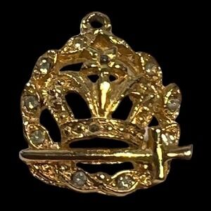 ORA Vintage Crown Sword Amaranth Pendant Gold Tone Rhinestone Masonic Charm Mini